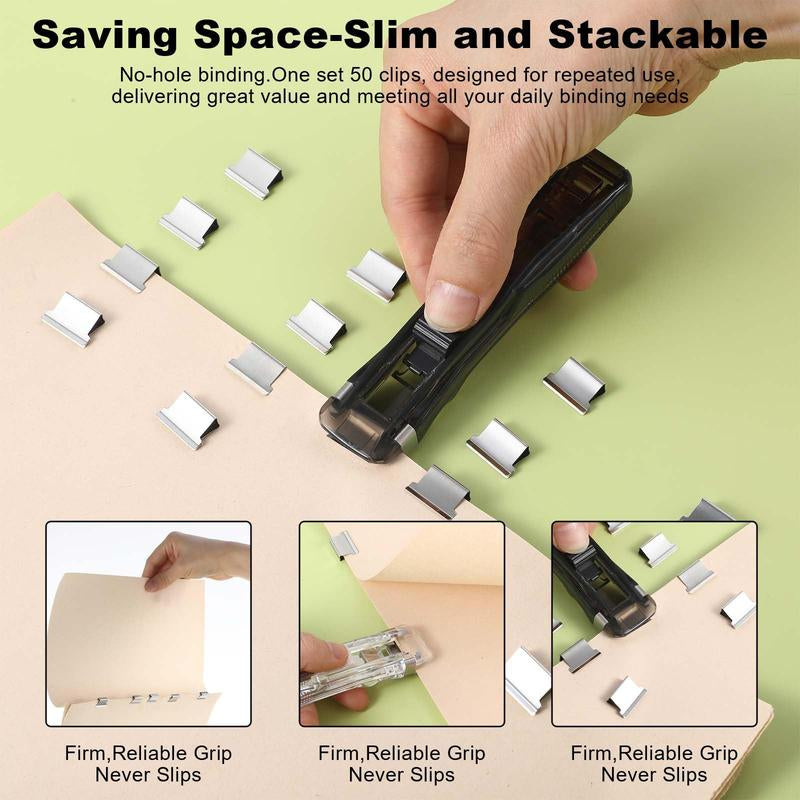 2 Pcs Portable Binder Clip Stapler, with 100 Pcs Small Binder Clips, Non-Destructive Paper Clam Dispenser for Office, Home, School