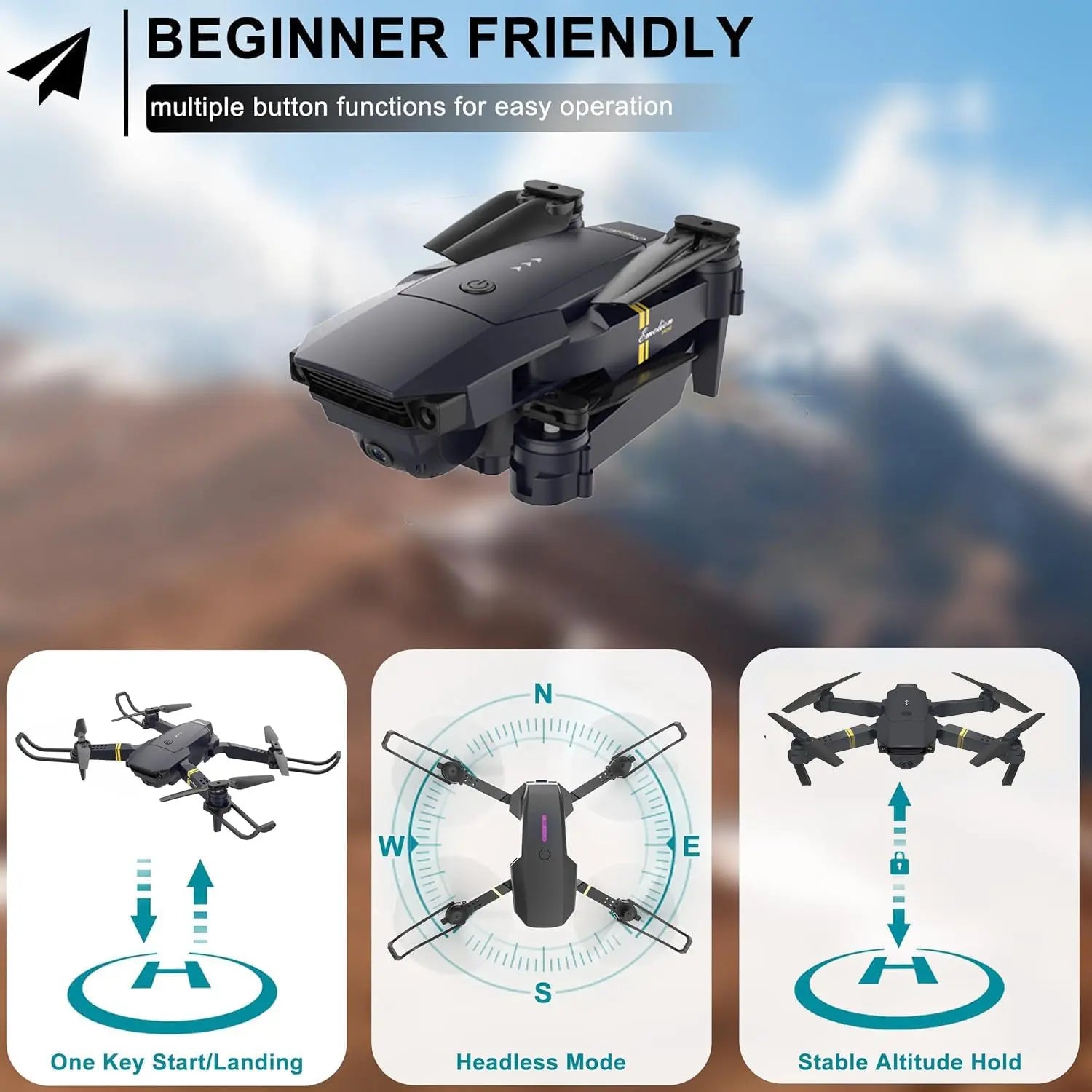 Foldable Drone with Camera for Adults/Kids Foldable RC Quadcopter Drone with 1080P HD Camera Wifi FPV Live Video, Altitude Hold, One Key Take Off/Landing, 3D Flip, APP Control, Beginner, Black