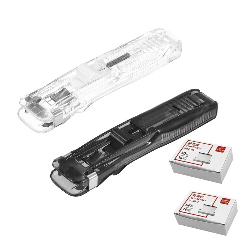 2 Pcs Portable Binder Clip Stapler, with 100 Pcs Small Binder Clips, Non-Destructive Paper Clam Dispenser for Office, Home, School